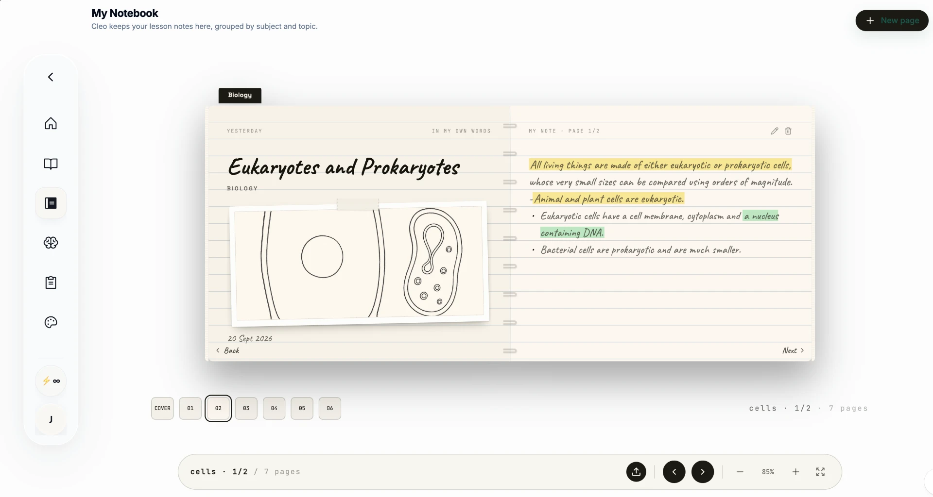 My Notebook in the Cleo app showing Biology lesson notes